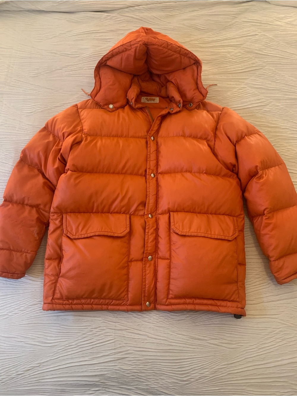 Vintage 70s Comfy Brand Mountaineer Orange Down Puffer Parka, size XL